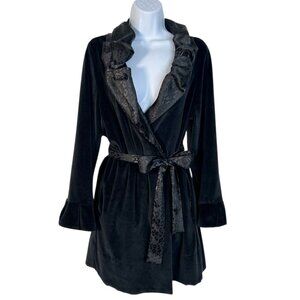 Betsey Johnson Intimates Velour Short Robe Leopard Satin Trim Black Medium